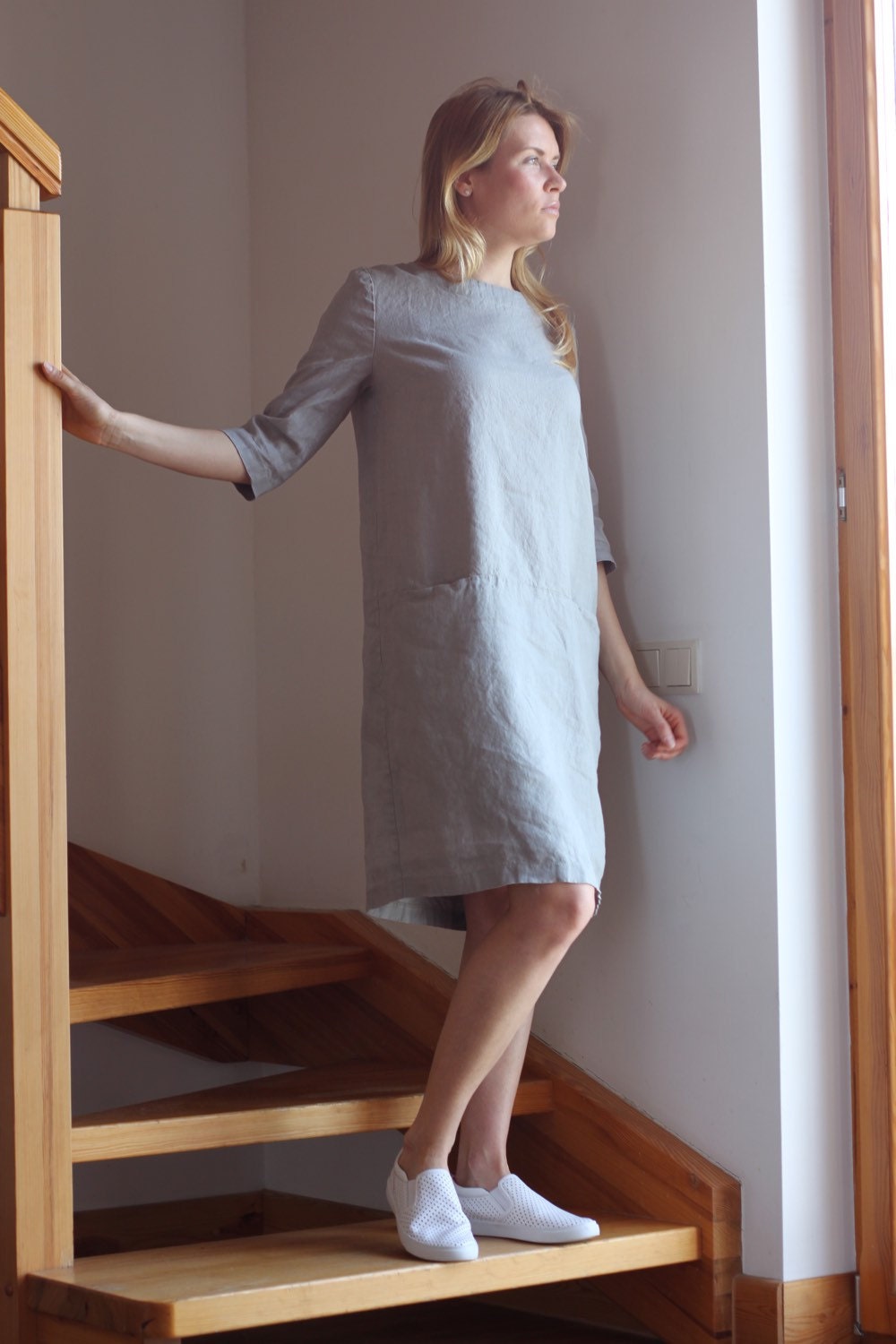 Linen dress Round neckline dress Grey Olive linen dress Sky | Etsy