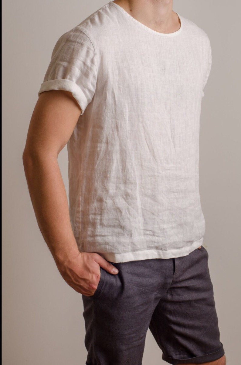 Men White Color Linen Shirt Tshirt Top Short Sleeve Beach Etsy