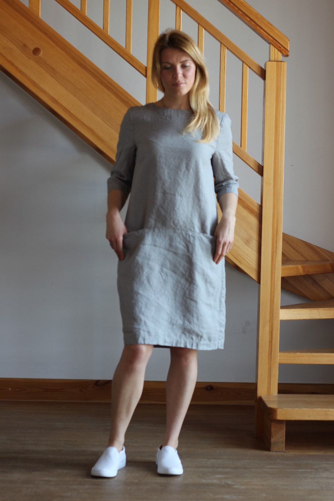 Linen Dress Round Neckline Dress Grey Olive Linen Dress Sky | Etsy