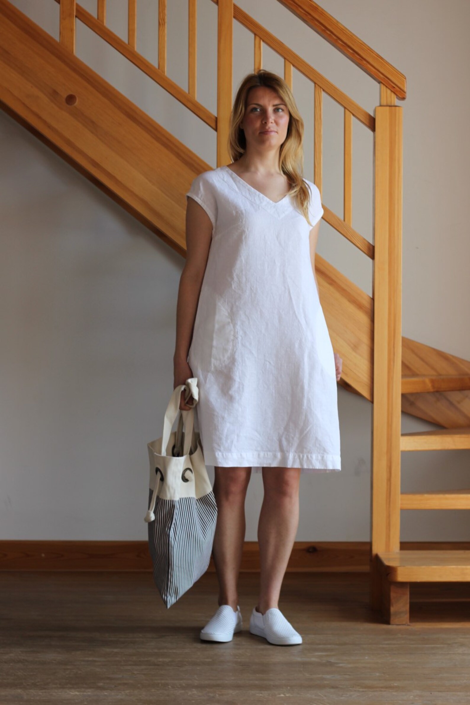 Linen Dress White Linen Dress Oversize Linen Dress V Neckline Etsy