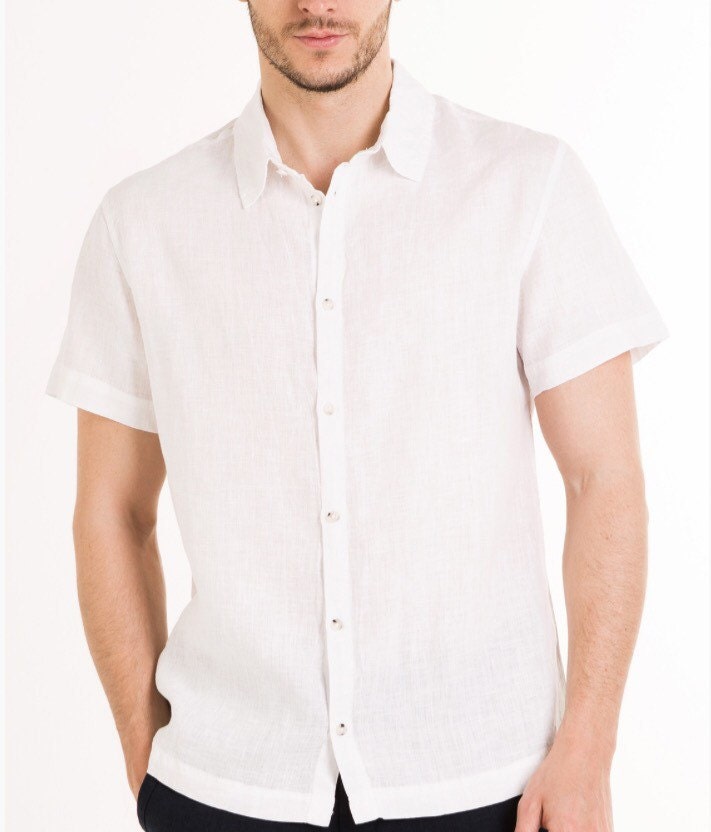 Man White Linen Shirt Short Sleeve 