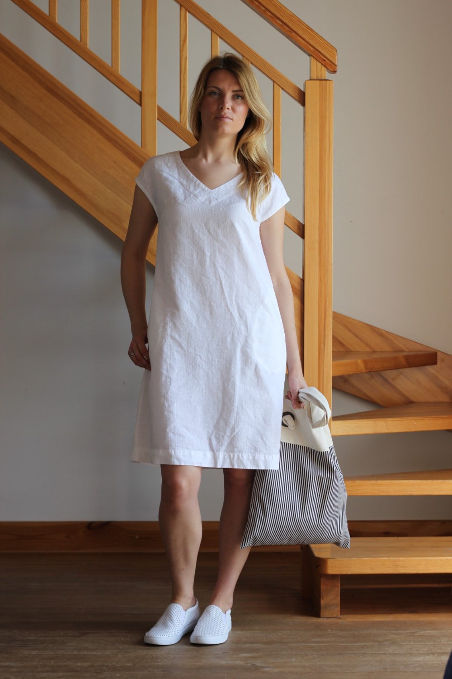 Linen Dress White Linen Dress Oversize Linen Dress V Neckline Etsy