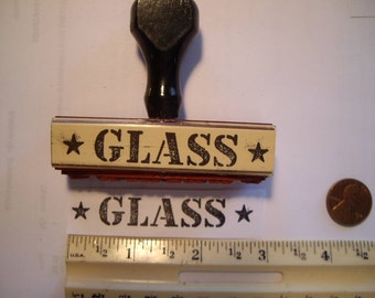 vintage 1955 rubber stamp "GLASS" used to mark your packages. made  from original plates. vintage wood too.