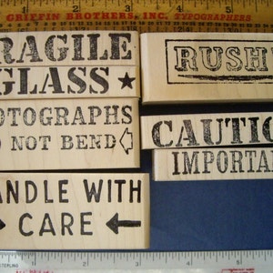 7 Wood Mounted Rubber Stamps Mailing package, Photographs  Rush, Fragile, Handle with Care, Caution, Glass, Important
