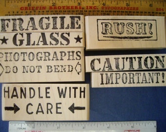 7 Wood Mounted Rubber Stamps Mailing package, Photographs  Rush, Fragile, Handle with Care, Caution, Glass, Important