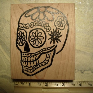 Dia de Los Muertos  Day of the dead skull roughly 4x3inch Sugar Skull dulces de calavra rubber stamps Wood mounted  rubber stamping