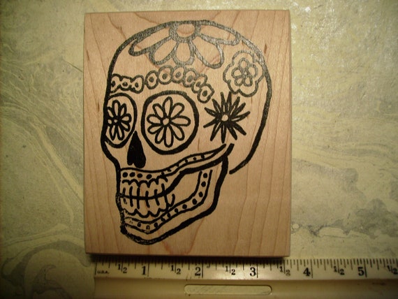 Dia de Los Muertos  Day of the dead skull roughly 4x3inch Sugar Skull dulces de calavra rubber stamps Wood mounted  rubber stamping