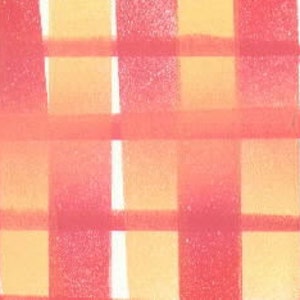 May include: Abstract artwork featuring a grid pattern with overlapping bands of color. The design incorporates shades of red, pink, and yellow, creating a vibrant and textured visual effect. The artwork has a painted appearance.