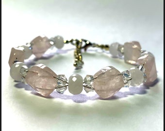 SELF-LOVE, HARMONY & Friendship Bracelet, Rose Quartz Gemstone and Czech Crystals, 18/20 cms with Extender Chain