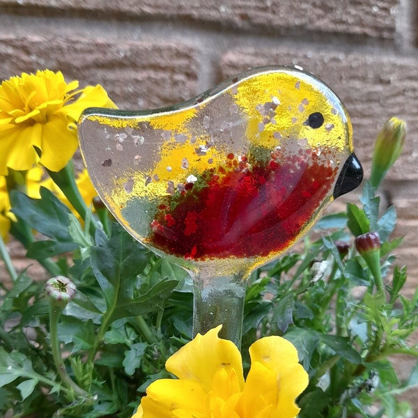 Fused Glass Mini Robin Bird Garden Pot Plant Stake