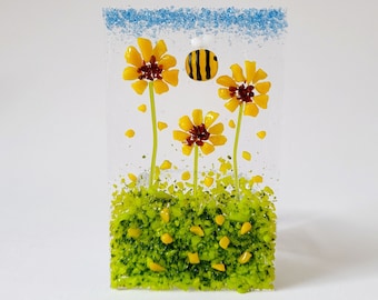 Handmade Fused Glass Tea Light Holder: Sunflower & Bee Decor