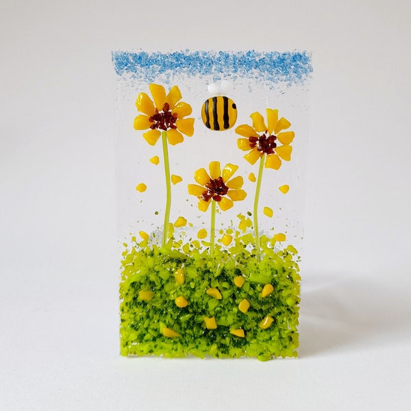 Fused Glass Tea Light Holder With Sunflowers And Bee Fused Glass Flowers Gift Handmade Candle Holder Gift Birthday Wedding Present