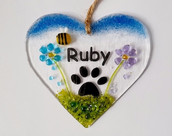 Fused Glass Personalised Hanging Heart With Paw Print And Flowers Gift Sun Catcher Present Dog Lover Pet Gift
