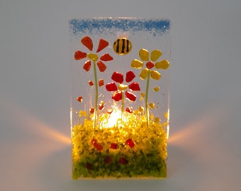 Fused Glass Tea Light Holder With Daisies And Bee Fused Glass Flowers Gift Handmade Candle Holder Mother's Day Gift Birthday Wedding Present