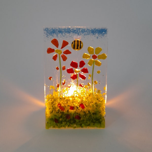 Fused Glass Tea Light Holder With Daisies And Bee Fused Glass Flowers Gift Handmade Candle Holder Mother's Day Gift Birthday Wedding Present