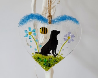 Fused Glass Hanging Heart With A Labrador And Flowers Gift Sun Catcher Present Dog Lover