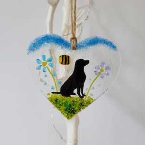 Fused Glass Hanging Heart With A Labrador And Flowers Gift Sun Catcher Present Dog Lover