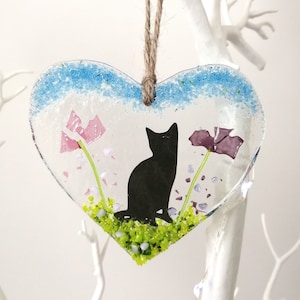 Fused Glass Hanging Heart With A Cat And Flowers Valentine's Day Mother's Day Gift Sun Catcher Present