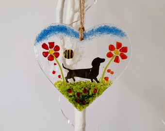 Fused Glass Hanging Heart With A Dachshund And Flowers Sausage Dog Gift Sun Catcher Present Dog Lover