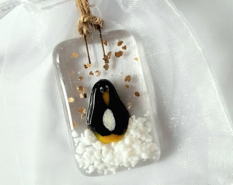 Fused Glass Christmas Penquin Decoration Gold Glitter Xmas Decor Fused Glass penquin