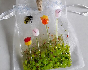 Fused Glass Suncatcher With Tulips And a Bee Mother's Day Birthday Glass Decoration