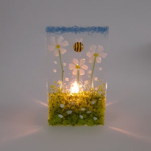 Fused Glass Daisy Tea Light Holder with Bee - Handmade Candle Holder