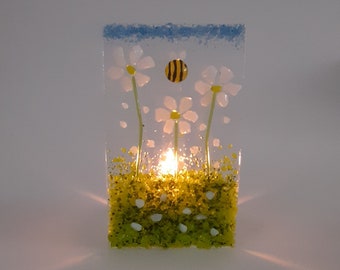 Fused Glass White Daisy Tea Light Holder With A Bee Fused Glass Flowers Gift Handmade Candle Holder Mother's Day Birthday Wedding Present