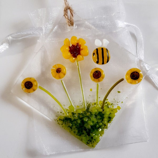 Fused Glass Sunflower Suncatcher With Bee Hanging Ornament Gift  Mother's Day Present Birthday Sun Catcher Glass Token