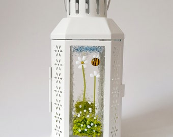 White Fused Glass Lantern With White Daisies And Bee Tea Light Holder Garden Gift Present Birthday candle holder Various Flower Colours