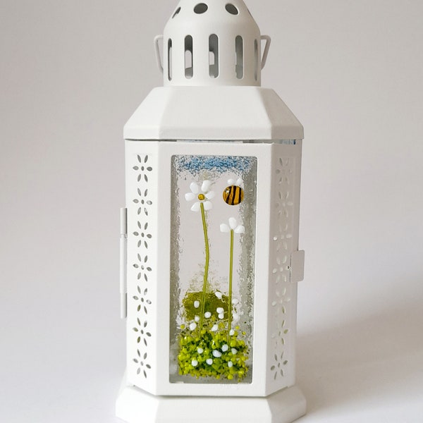 White Fused Glass Lantern With White Daisies And Bee Tea Light Holder Garden Gift Present Birthday candle holder Various Flower Colours
