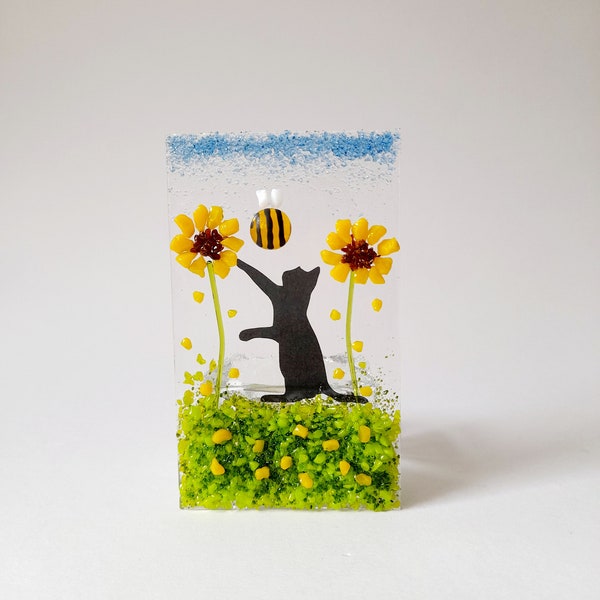 Fused Glass Tea Light Holder With A Cat Flowers and Bee Personalised Gift Handmade Cat Lover Pet Gift