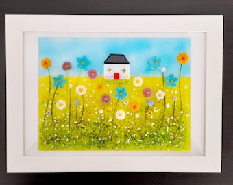 Fused Glass Framed Picture House With Garden of flowers Handmade Glass Art