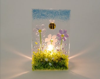 Fused Glass Daisy Tea Light Holder With A Bee Fused Glass Flowers Gift Handmade Candle Holder Mother's Day Gift Birthday Wedding Present