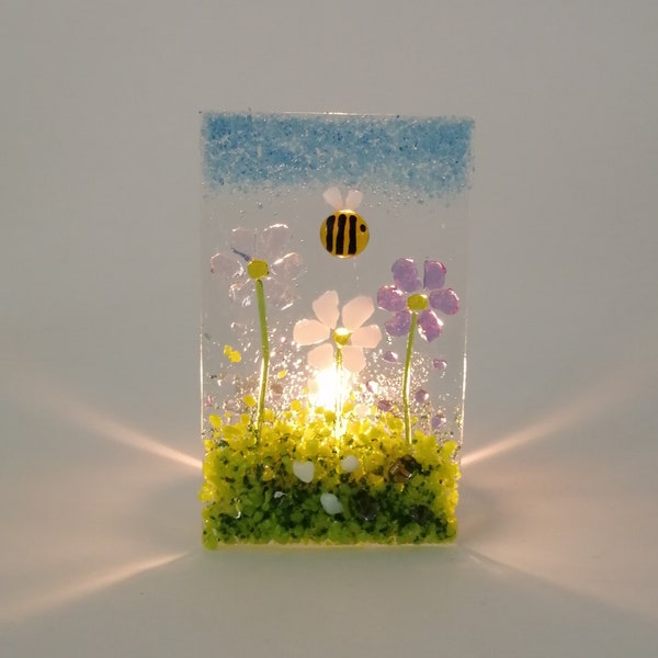 Fused Glass Daisy Tea Light Holder With A Bee Fused Glass Flowers Gift Handmade Candle Holder Mother's Day Gift Birthday Wedding Present