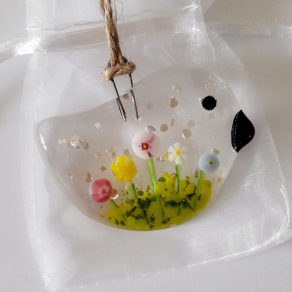 Fused Glass Mini Bird With A Spring Garden Flowers Decoration Ornament Gift Handmade Fused Glass Bird Mothers Day Birthday Gift