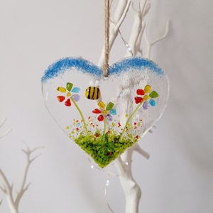 Fused Glass Hanging Heart With Rainbow Daisies And A Bee Valentine's Day Mother's Day Gift Suncatcher Present