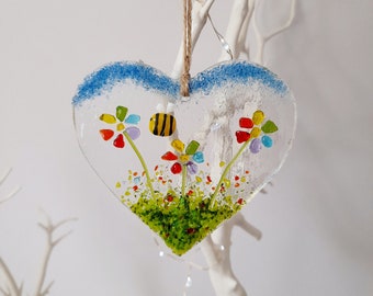 Fused Glass Hanging Heart With Rainbow Daisies And A Bee Valentine's Day Mother's Day Gift Suncatcher Present