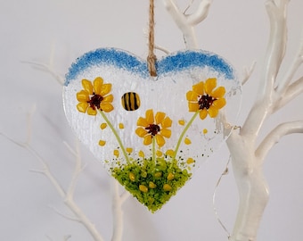 Fused Glass Hanging Heart With Sunflowers And A Bee Valentine's Day Mother's Day Gift Suncatcher Present