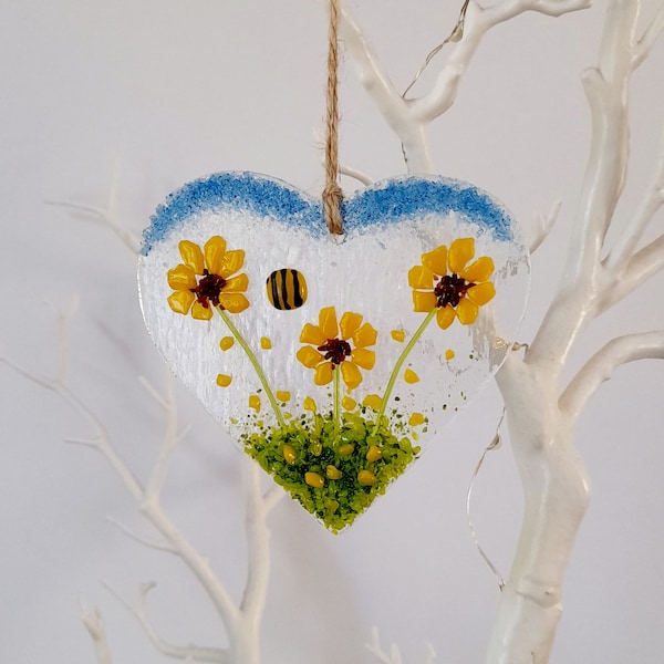 Fused Glass Hanging Heart With Sunflowers And A Bee Valentine's Day Mother's Day Gift Suncatcher Present