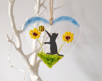 Fused Glass Hanging Heart With A Cat And Sunflowers Gift Sun Catcher Present Cat Lover