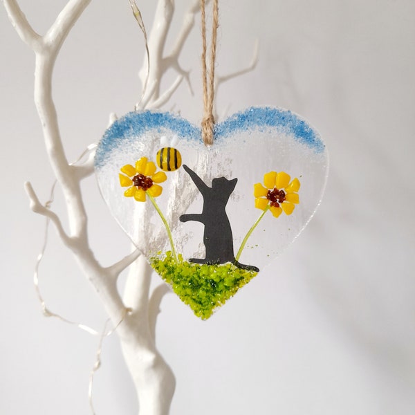 Fused Glass Hanging Heart With A Cat And Sunflowers Gift Sun Catcher Present Cat Lover