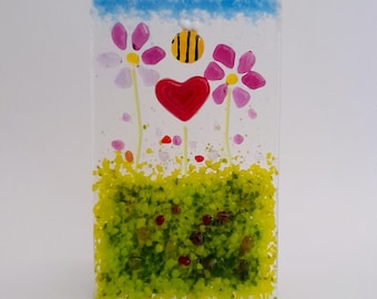 Fused Glass Tealight Holder Pink Daisies And Red Heart Bee Mothers Day Birthday Gift Handmade Valentine's Day