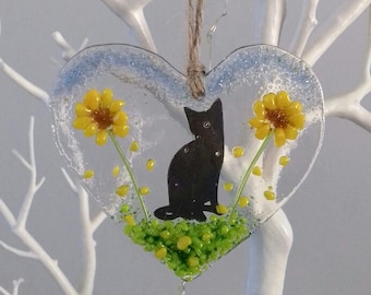 Fused Glass Hanging Heart With A Cat And Sunflowers Valentine's Day Mother's Day Gift Sun Catcher Present