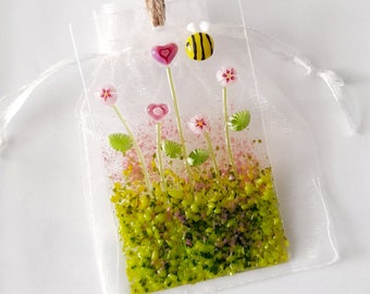 Fused Glass Suncatcher With Pink hearts, Flowers And a Bee Mother's Day Birthday Glass Decoration