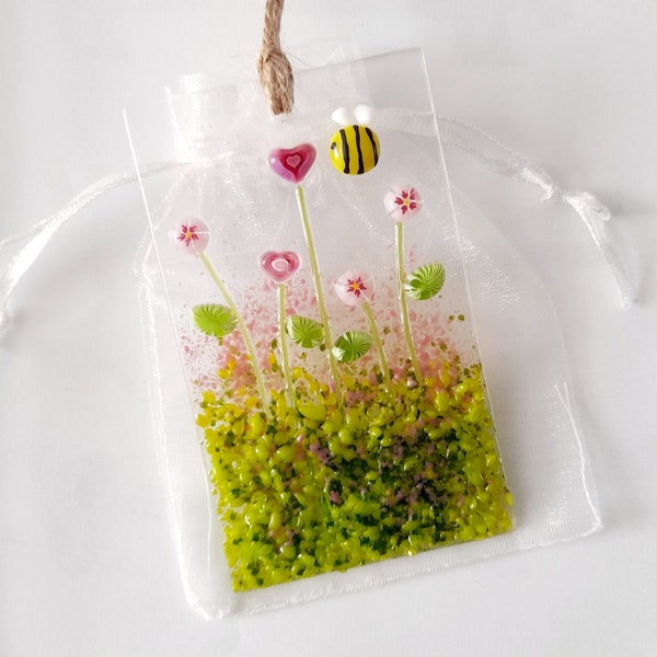 Fused Glass Suncatcher With Pink hearts, Flowers And a Bee Mother's Day Birthday Glass Decoration