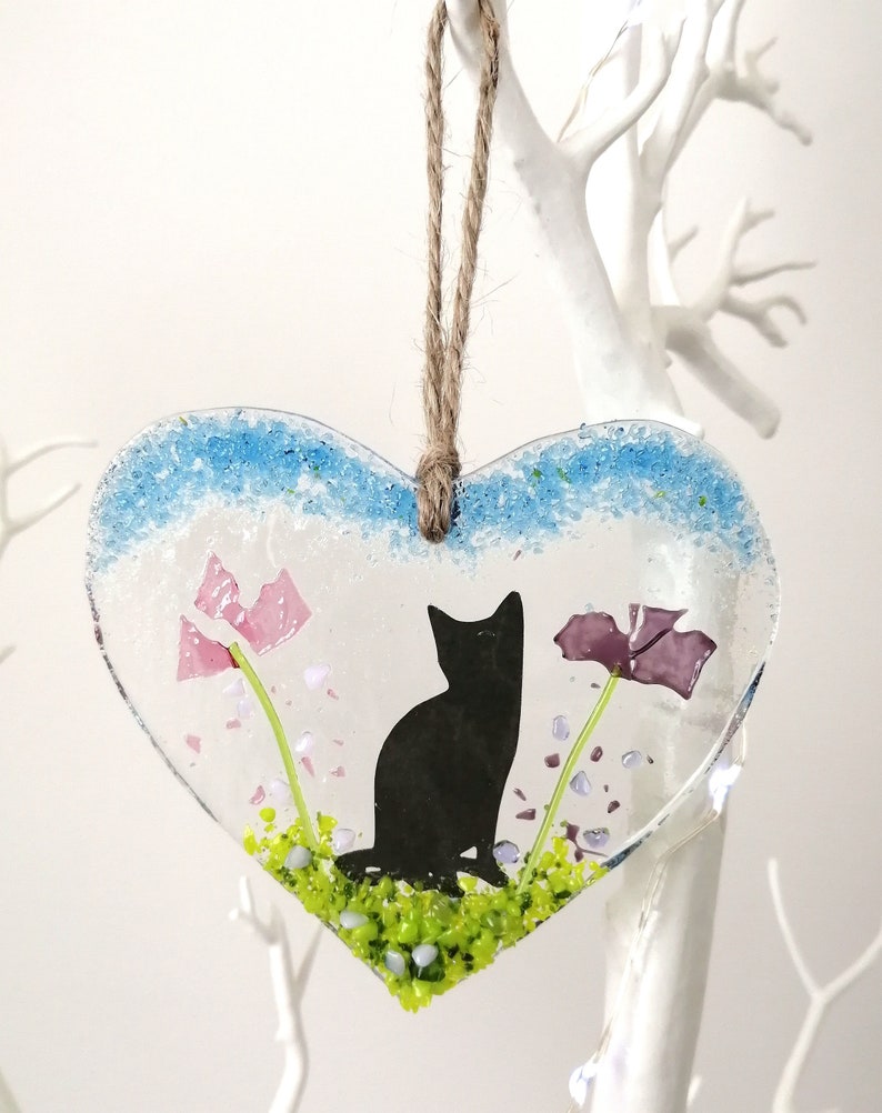 Fused Glass Hanging Heart With A Cat And Flowers Valentine/'s Day Mother/'s Day Gift Sun Catcher Present