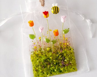 Fused Glass Suncatcher With Tulips And a Bee Mother's Day Birthday Glass Decoration
