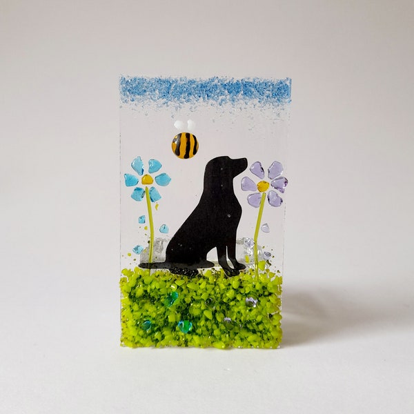 Fused Glass Tea Light Holder With A Labrador Flowers and Bee Personalised Gift Handmade Dog Lover Pet Gift