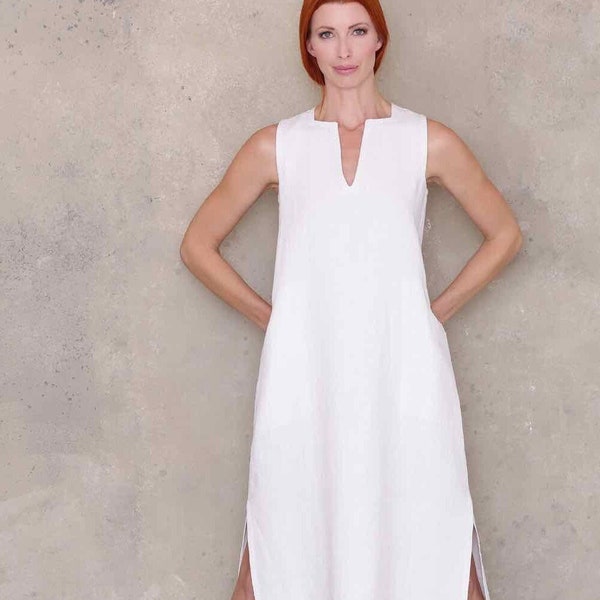 Linen Maxi Dress Sewing Pattern: Sleeveless Kaftan with Pockets (PDF Pattern)