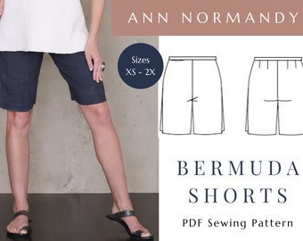 Bermuda shorts sewing pattern for women, knee length shorts pattern PDF, linen clothing for summer denim shorts pattern women, minimalist